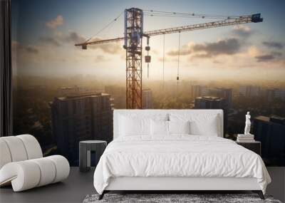 Building under construction, crane and building construction site on sunset daytime, industrial development Wall mural