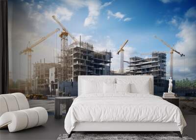 Building under construction, crane and building construction site on sunset daytime, industrial development Wall mural