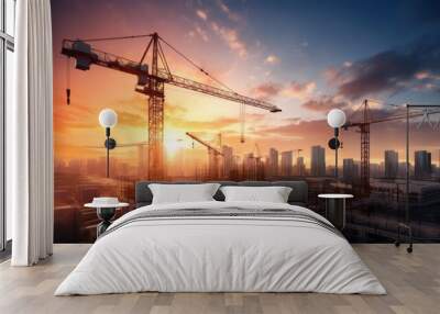 Building under construction, crane and building construction site on sunset daytime, industrial development Wall mural