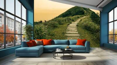 Fairy tale landscape and stepping stone path over a hill on the horizon at the Caoling Historic Trail in Taiwan Wall mural