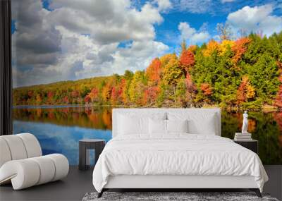 Landscape of autumn colored trees with reflection in Bays Mountain Lake in Kingsport, Tennessee Wall mural