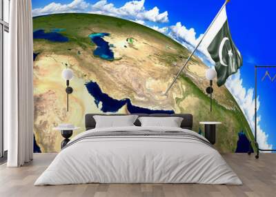 Pakistan national flag marking the country location on world map. 3D rendering, parts of this image furnished by NASA Wall mural