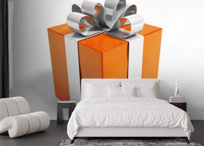 Pretty orange gift box reward wrapped in a shiny silver ribbon Wall mural