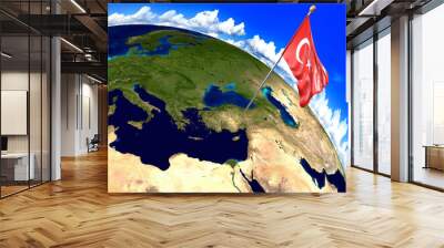 Turkey national flag marking the country location on world map. 3D rendering, parts of this image furnished by NASA Wall mural