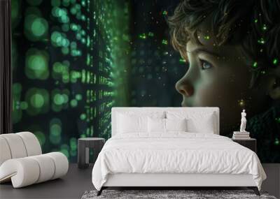 Child fascinated by green matrix-like digital lights Wall mural