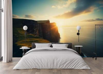 Cliff by the Sea with Sunlight Blending with Rocks and Silhouette of Two People Wall mural