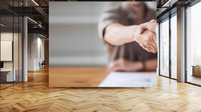 Close up of two businesspeople shaking hands after a deal contract is done. Wall mural