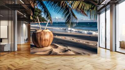 Coconut with straws on sandy beach Wall mural