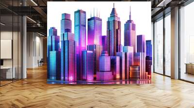 Colorful futuristic cityscape with glowing skyscrapers at night isolated on transparent background Wall mural