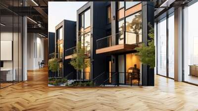 Contemporary modular black townhouses with a private design. Exterior showcasing modern residential architecture Wall mural