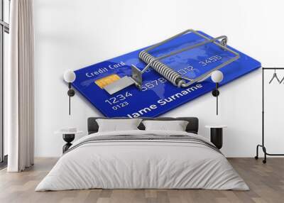 Bank credit card with mousetrap. Blue credit card, abusive credit, financial scam, revolving card, usury and microcredits. Debts with the bank 3d illustration Wall mural