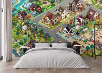 Isometric City. Illustration of an isolated house with a garden on an isometric plane with white background Wall mural