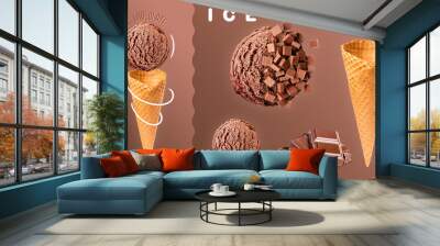 Milk chocolate ice cream. Scoops of milk chocolate ice cream with waffle cone and milk chocolate photography. 3D illustration for banners, landing pages and web pages with summer motifs Wall mural