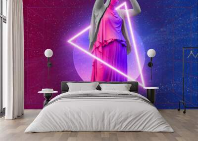 Modern conceptual art poster with blue pink colorful ancient statue with cyberpunk aesthetics. Contemporary art collage. Concept of retro wave style posters. Glitch effects. 3d illustration Wall mural