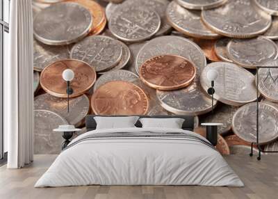 Background of  most common American coins. Pennies, Dimes, Nickels, Quarters Wall mural