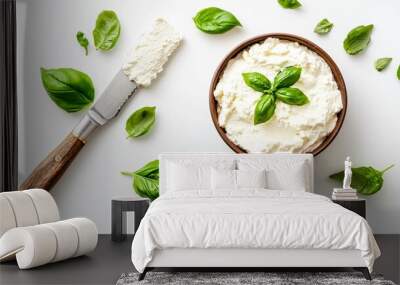 Delicious Ricotta Cream Cheese with Fresh Basil and Knife Isolated on White Background Wall mural