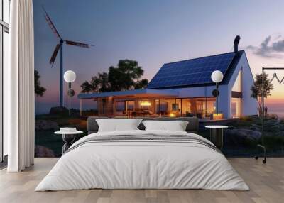 Eco-friendly modern house with solar panels and wind energy at sunset Wall mural