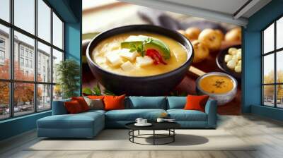 Ecuadorian locro de papa a traditional potato and cheese soup served with avocado and hominy. It’s on a wooden background Wall mural