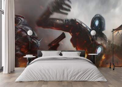 cinematic illustration of two robots fighting in a bitter conflict. Wall mural