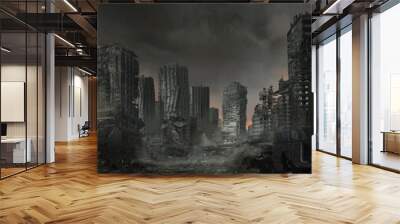 Digital illustration of a lifeless ruined cityscape Wall mural