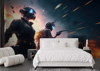 Dramatic video game style key art with heroic characters and dynamic explosion and combat. Wall mural