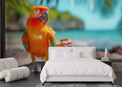 A colorful parrot stands on the beach next to a suitcase Wall mural