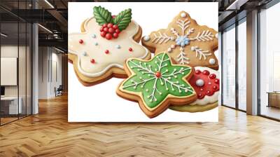 Frosted holiday cookies featuring festive shapes and decorations arranged on a table, capturing the spirit of the season and joyful baking traditions isolated on transparent background Wall mural