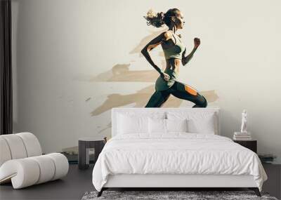 Generative AI illustration of a Side view of active sporty young running woman runner athlete with copy space, watercolor concept Wall mural