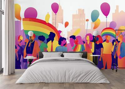 Generative IA illustration of Lgbt people tolerance, parade, flags, balloons, lgbtq + pride, two - dimensional illustration in flat colors Wall mural