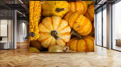 Assortment of colorful gourds in a bin at a farmer's market Wall mural