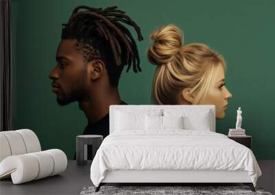 Un homme africain avec des dreadlocks et d'une femme blonde, âgés de 25 ans, debout, dos à dos, sur un fond vert, image avec espace pour texte. Wall mural