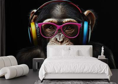 Un singe chimpanzé écoutant de la musique avec un casque coloré et portant des lunettes, vue de face sur un fond uni de couleur noir, image avec espace pour texte. Wall mural