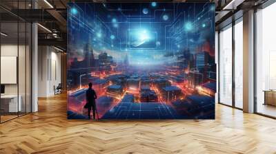 Un ville technologique, futuriste et digitale, lumière colorée bleue et orange. Wall mural