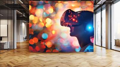 Une personne portant un casque de réalité virtuelle devant des visualisations de données lumineuses. Wall mural