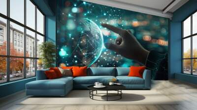 Hand touching a digital globe glowing connections, cyberspace concept for business and innovation. Wall mural