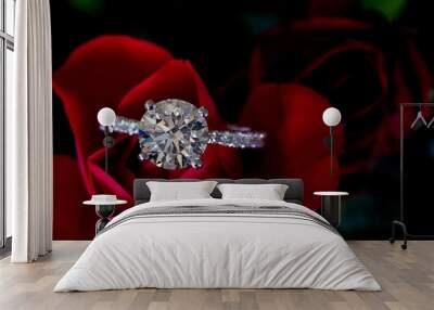 Hearts And Arrow Diamond Ring On Red Rose Wall mural