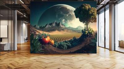 Illustration einer düsteren Landschaft. Großer Mond im Hintergrund. Abstrakte Obst und Gemüse Elemente. Brokkoli Baum. Vegan Wall mural