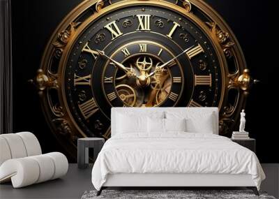 Illustration of vintage clock on black background with golden abstract element. 3D design. Generative AI Wall mural