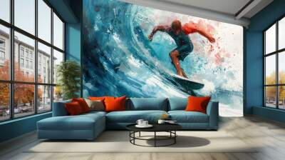 Impressionistic, illustration of surfer in wave pipeline sunset, colours in the background Wall mural