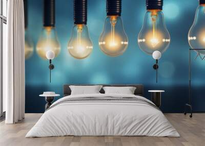 Innovation themed banner. A mesmerizing row of illuminated lightbulbs against a serene blue backdrop, symbolizing ideas, innovation, and inspiration. Wall mural