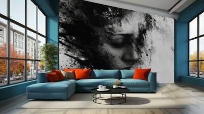 abstract woman face of depression, anxiety, illness or sadness, copy space background Wall mural