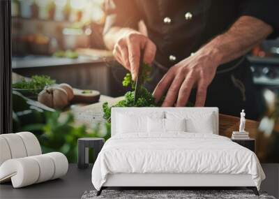 chef cook cutting fresh green herbs Wall mural