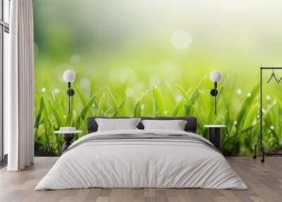 closeup of green grass with blurred garden background Wall mural