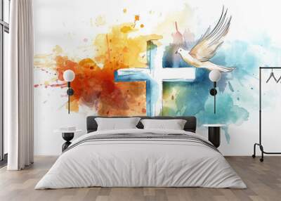 colorful watercolor christian cross with dove of peace isolated on white or transparent png Wall mural