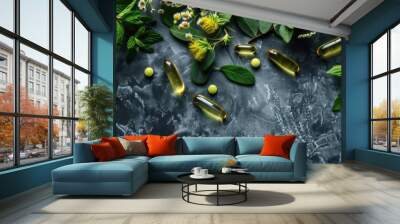 Composition of natural alternative medicine with oil capsules and leaves Wall mural