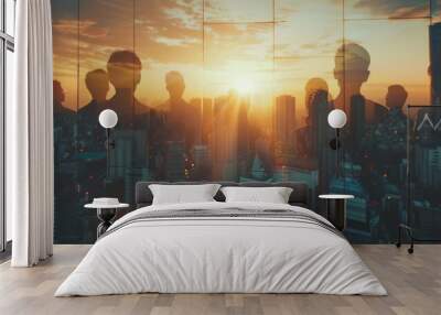 double exposure of peoples silhouette and modern city background Wall mural