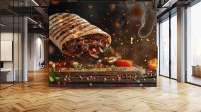 fresh grilled beef turkish or chicken arabic shawarma doner sandwich flying isolated on black background Wall mural