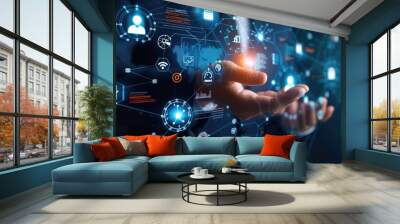 human hand meeting digital cybernetic holographic display Wall mural