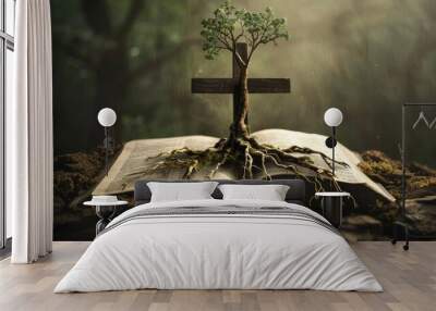 plant and cross growing from holy bible book  Wall mural