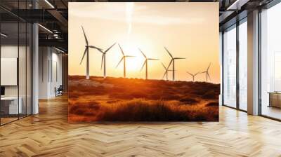 wind turbines in sunset landscape, ecology, clean and green energy Wall mural